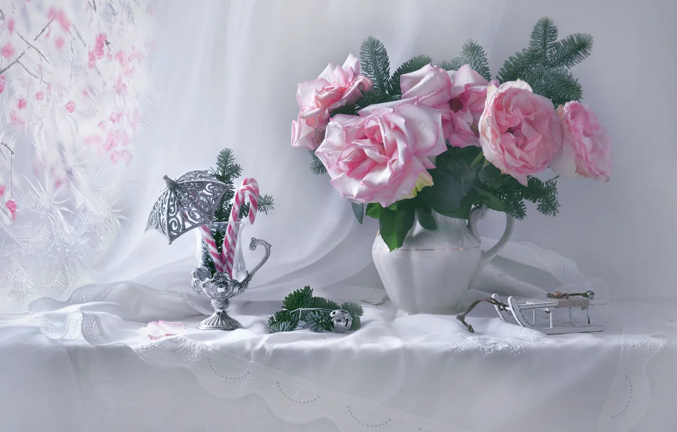 Photo wallpaper flowers, branches, glass, roses, frost, candy, pitcher, still life