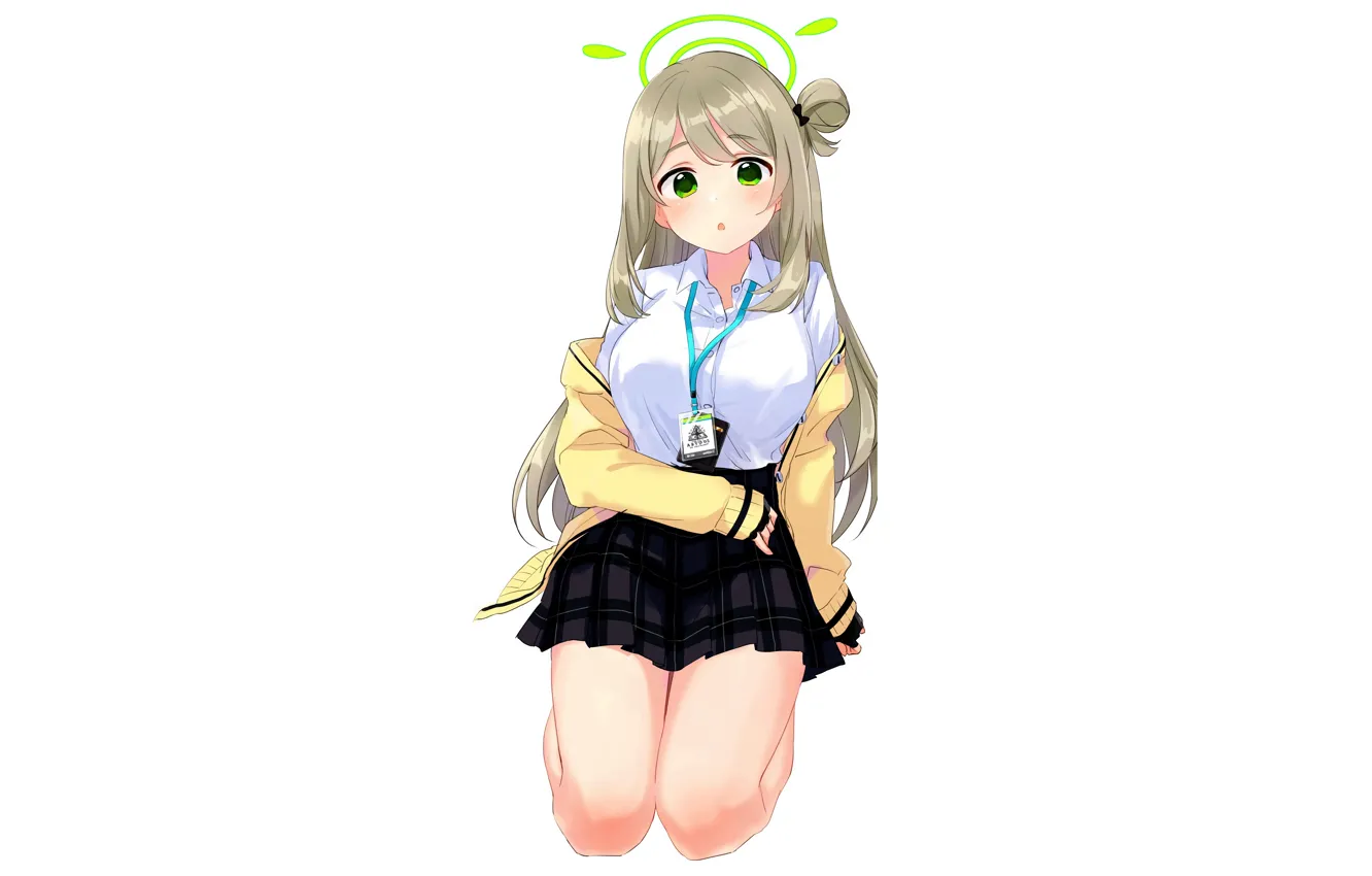 Photo wallpaper girl, school uniform, green eyes, long hair, legs, anime, beautiful, pretty