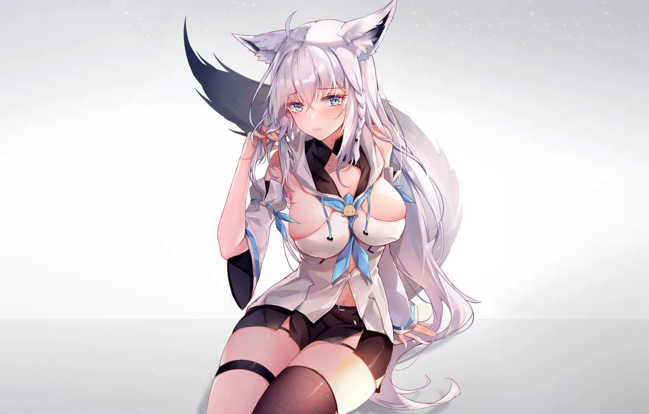 Photo wallpaper girl, sexy, cleavage, blouse, thighhighs, green eyes, long hair, boobs