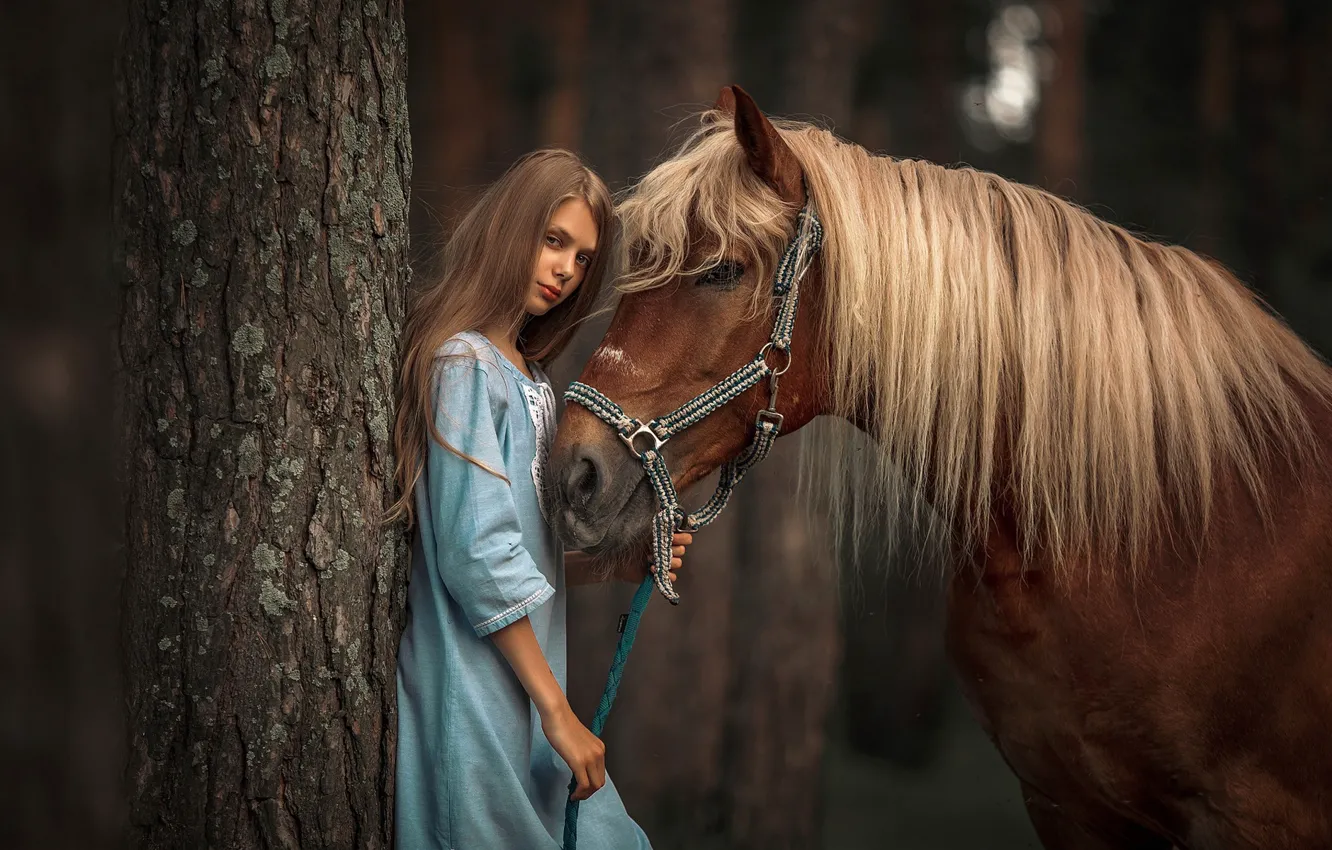 Photo wallpaper look, girl, tree, horse, Annie Of Antikov