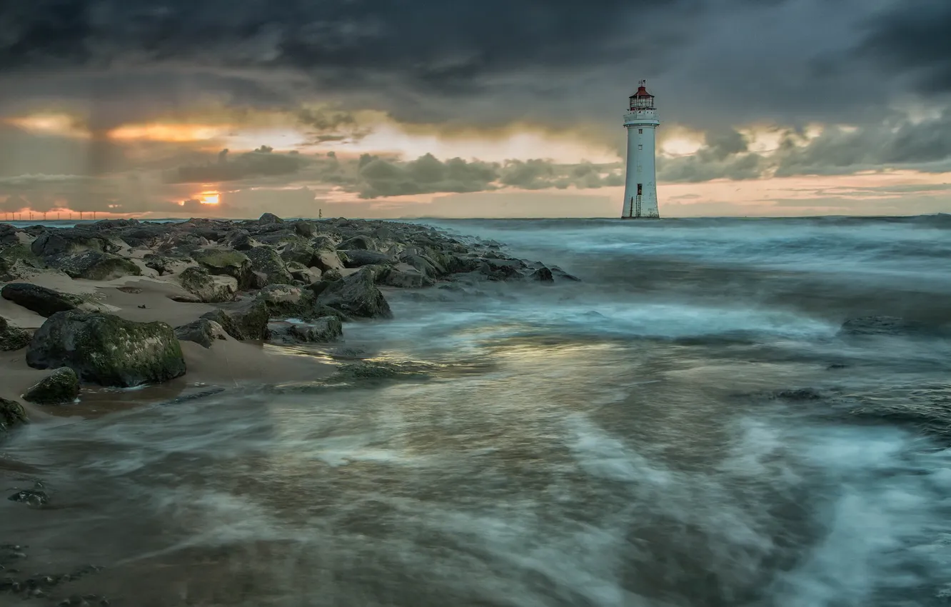 Photo wallpaper sea, night, lighthouse
