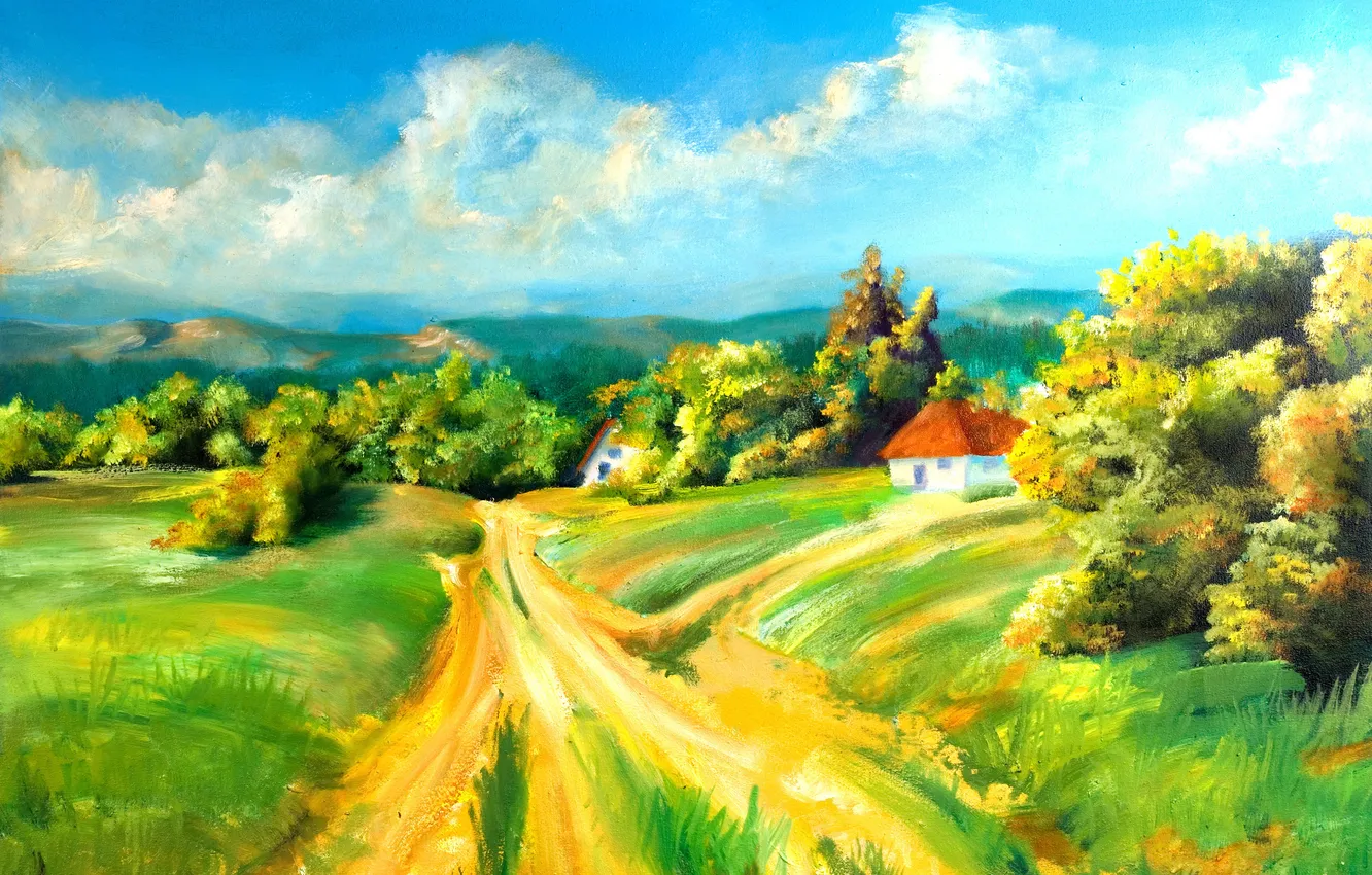 Photo wallpaper road, clouds, figure, home, the bushes, hills