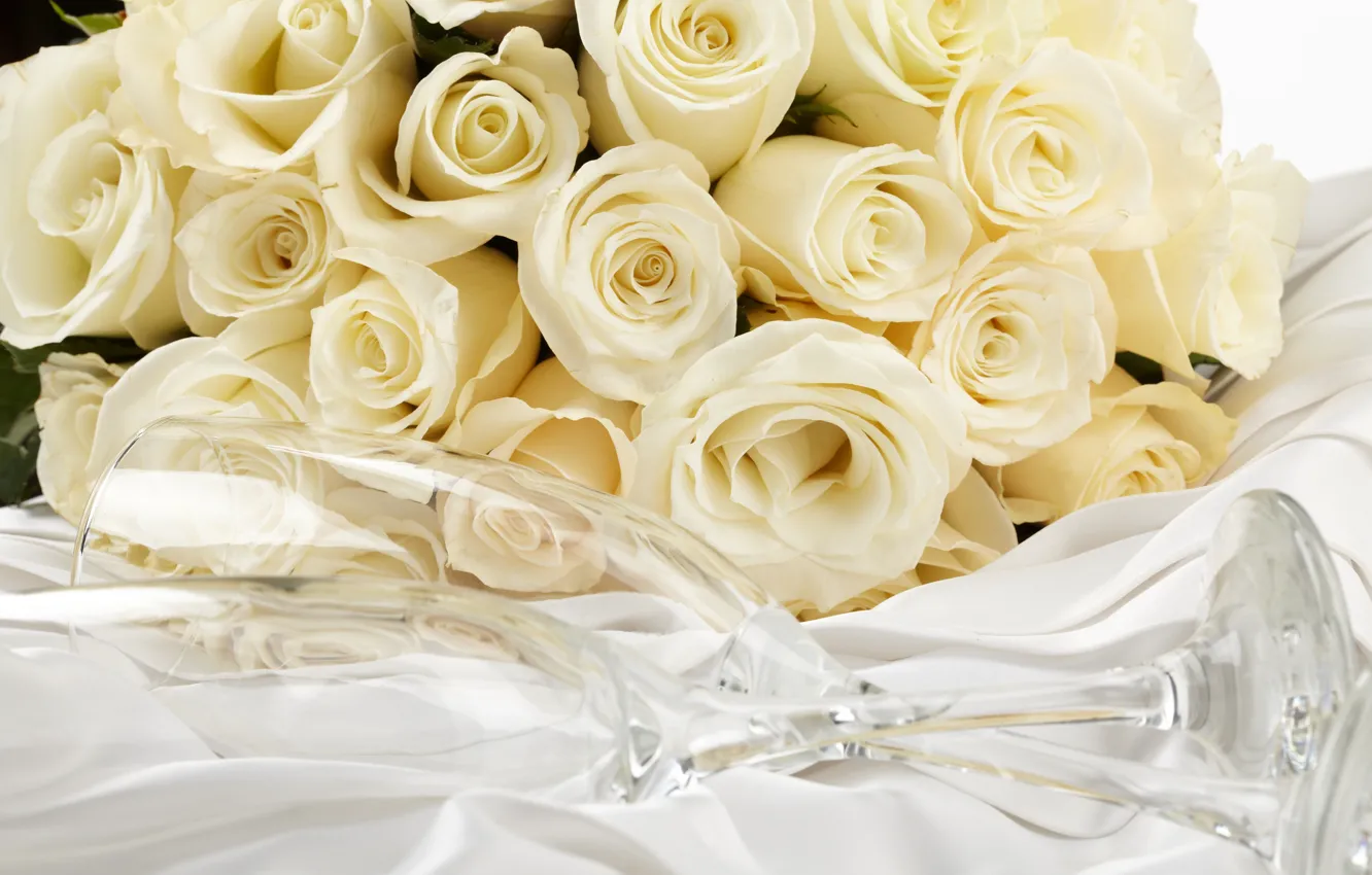 Photo wallpaper bouquet, glasses, white, white roses, flowers, roses