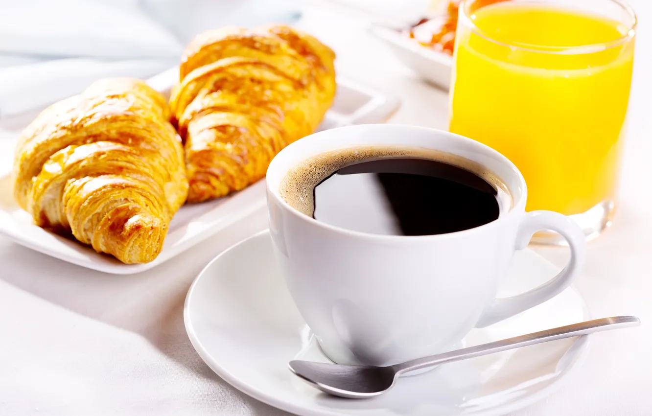 Photo wallpaper coffee, juice, Cup, juice, coffee, croissant