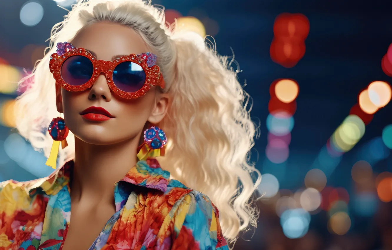 Photo wallpaper girl, night, lights, portrait, earrings, glasses, blonde, ponytail