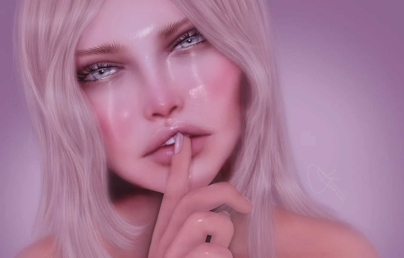 Photo wallpaper eyes, girl, face, hair, lips, fingers