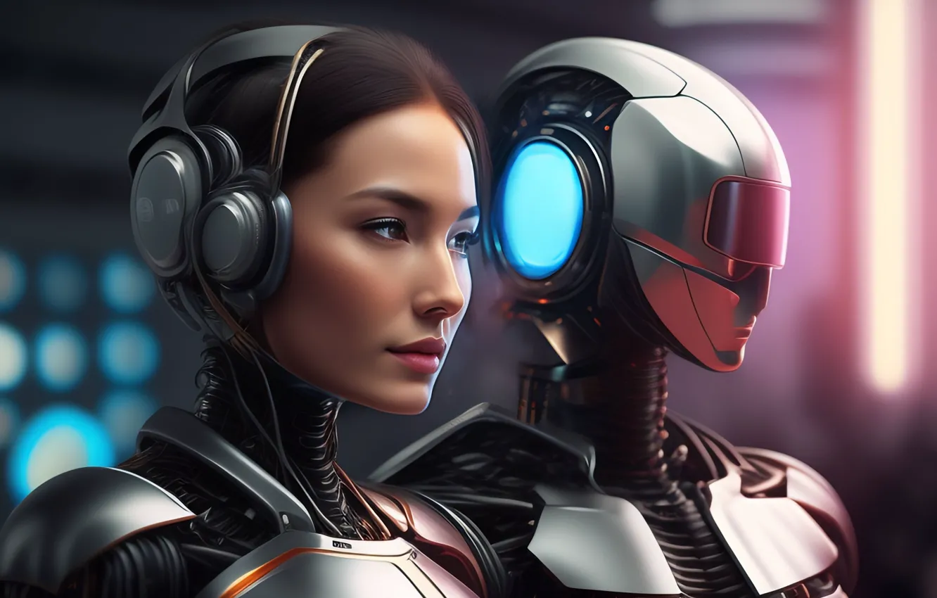 Photo wallpaper girl, robot, headphones, two