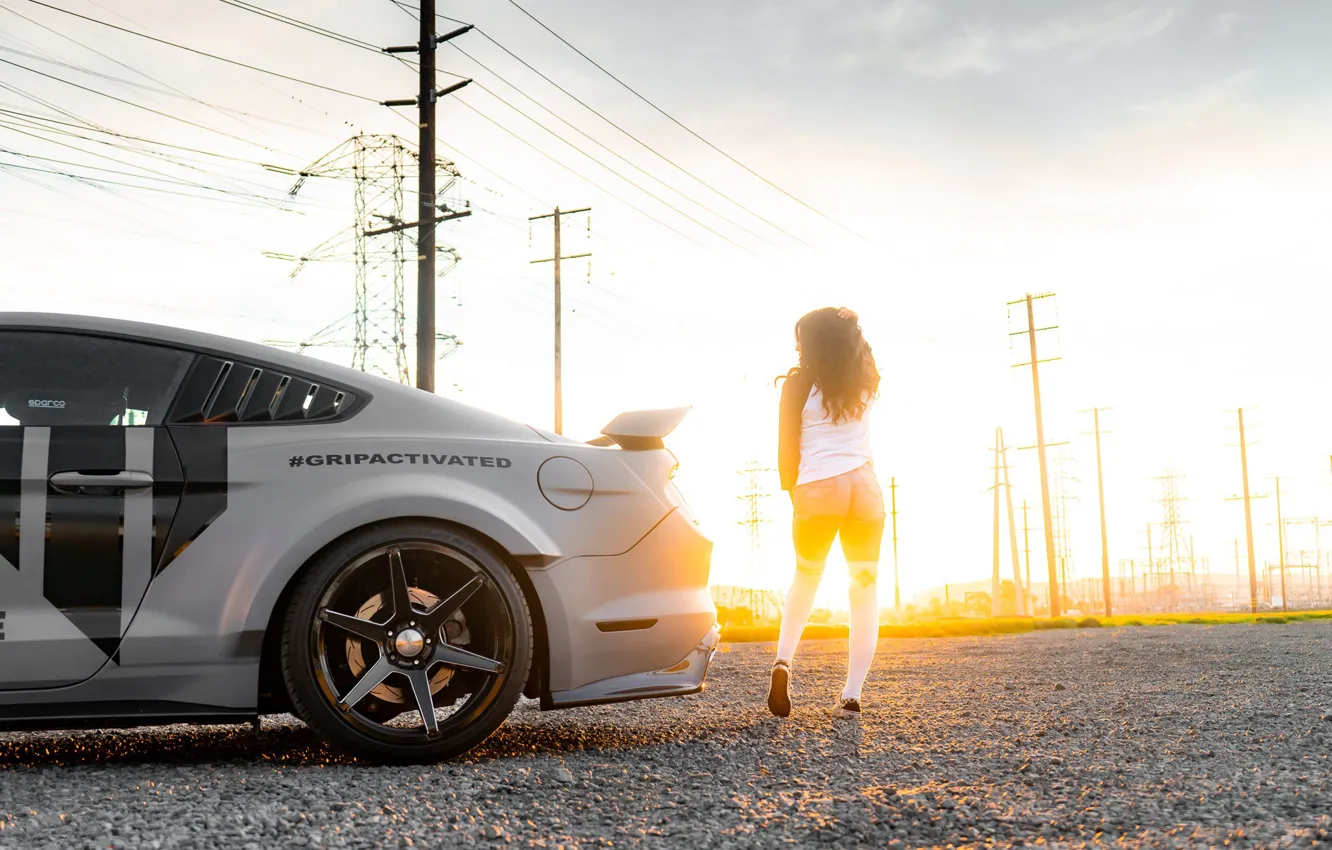 Photo wallpaper Mustang, Girl, Sunset