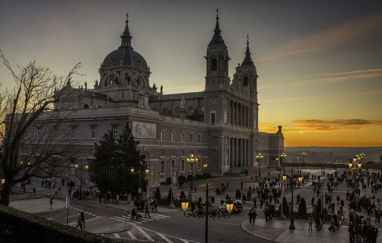 Photo wallpaper the city, the evening, Spain, Madrid, Madrid, Cathedral of the Almudena