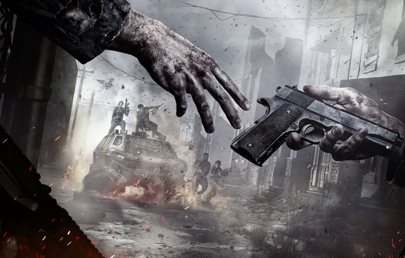 Photo wallpaper light, the city, lights, fog, weapons, flame, Apocalypse, smoke