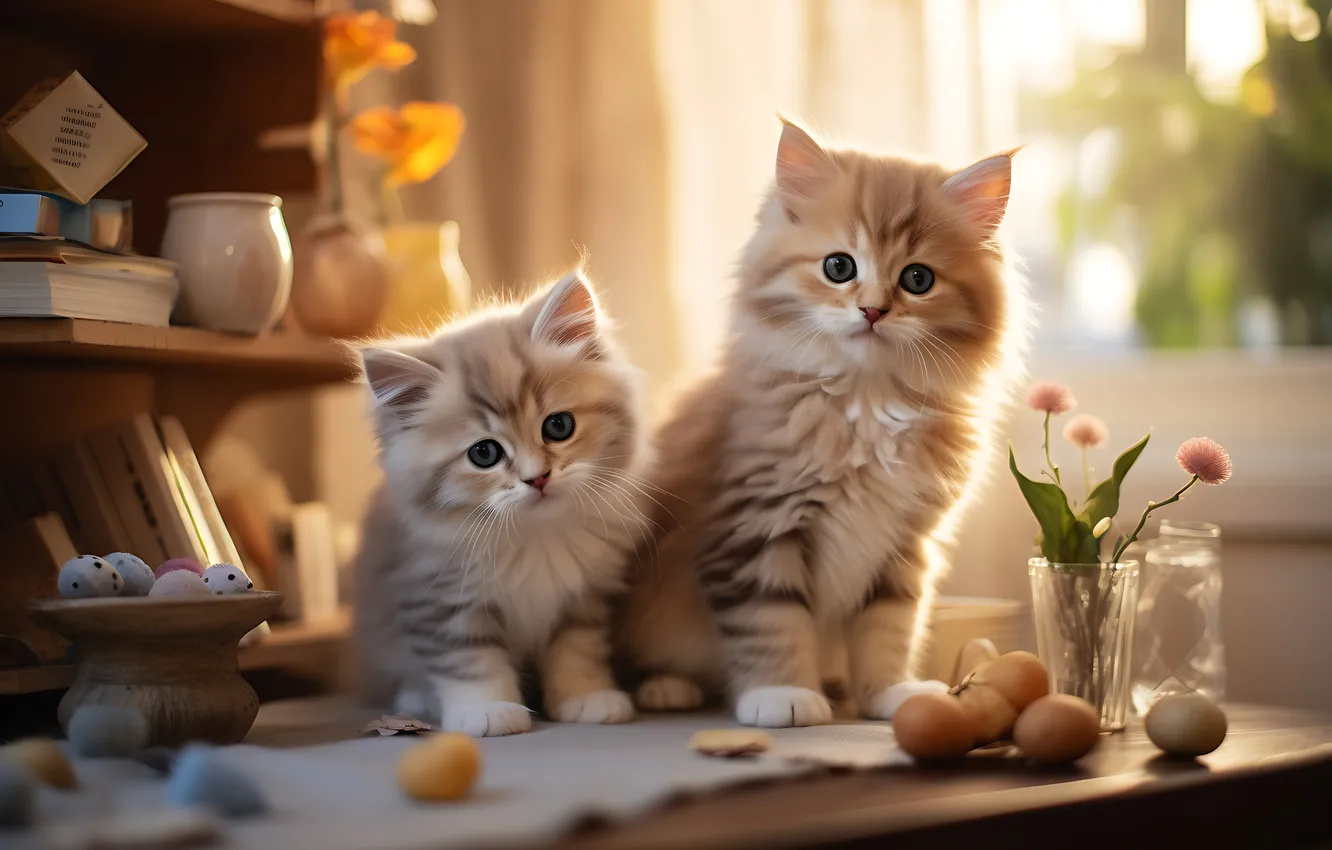 Photo wallpaper cat, look, flowers, pose, table, room, eggs, fluffy