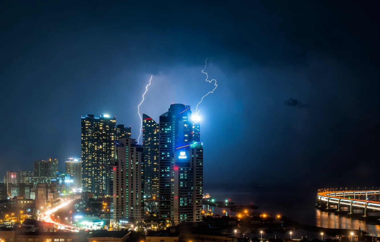 Photo wallpaper lightning, buildings, skyscrapers, metropolis