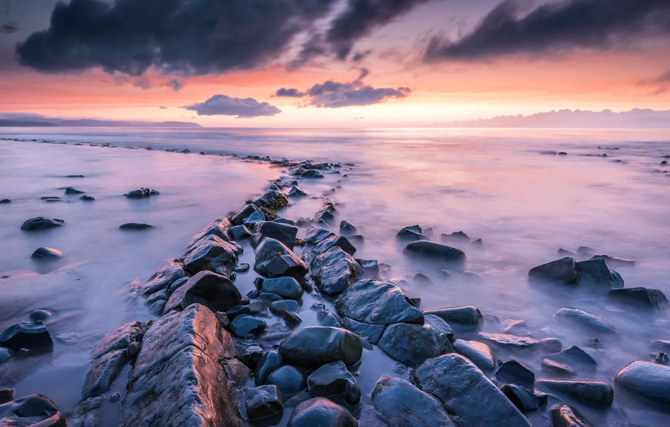 Photo wallpaper sea, sunset, stones, shore