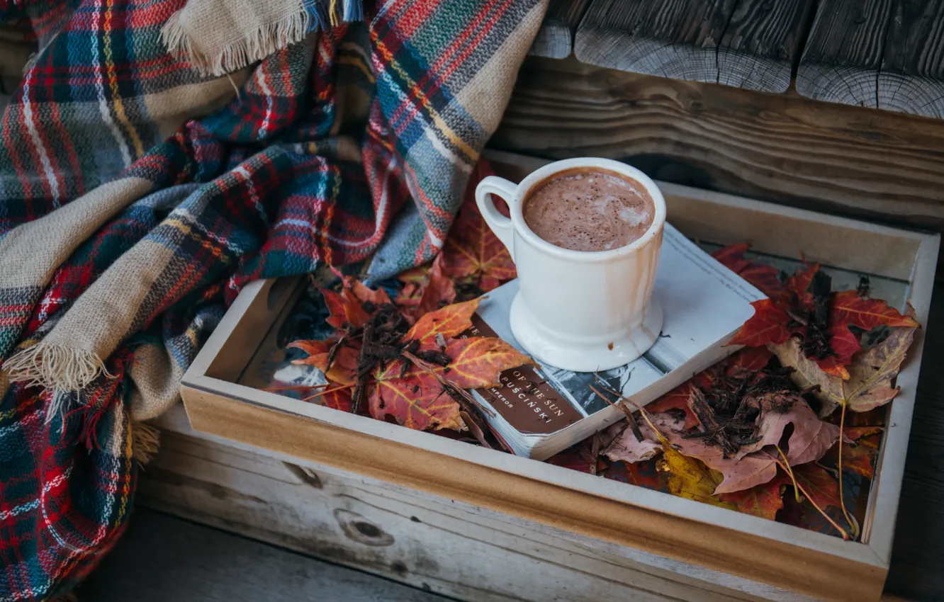 Photo wallpaper leaves, Cup, plaid, very, cocoa