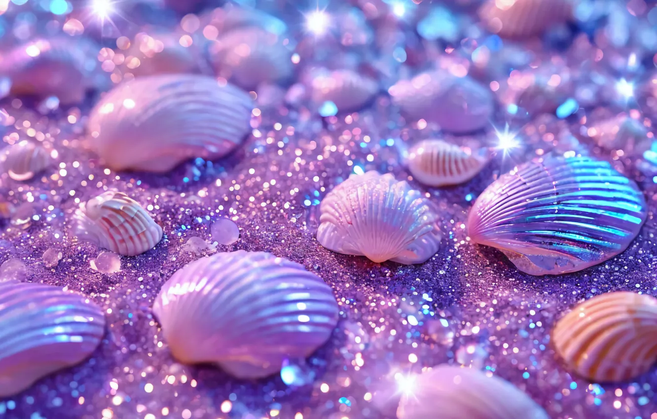 Photo wallpaper sand, sea, purple, nature, shell, pink, different