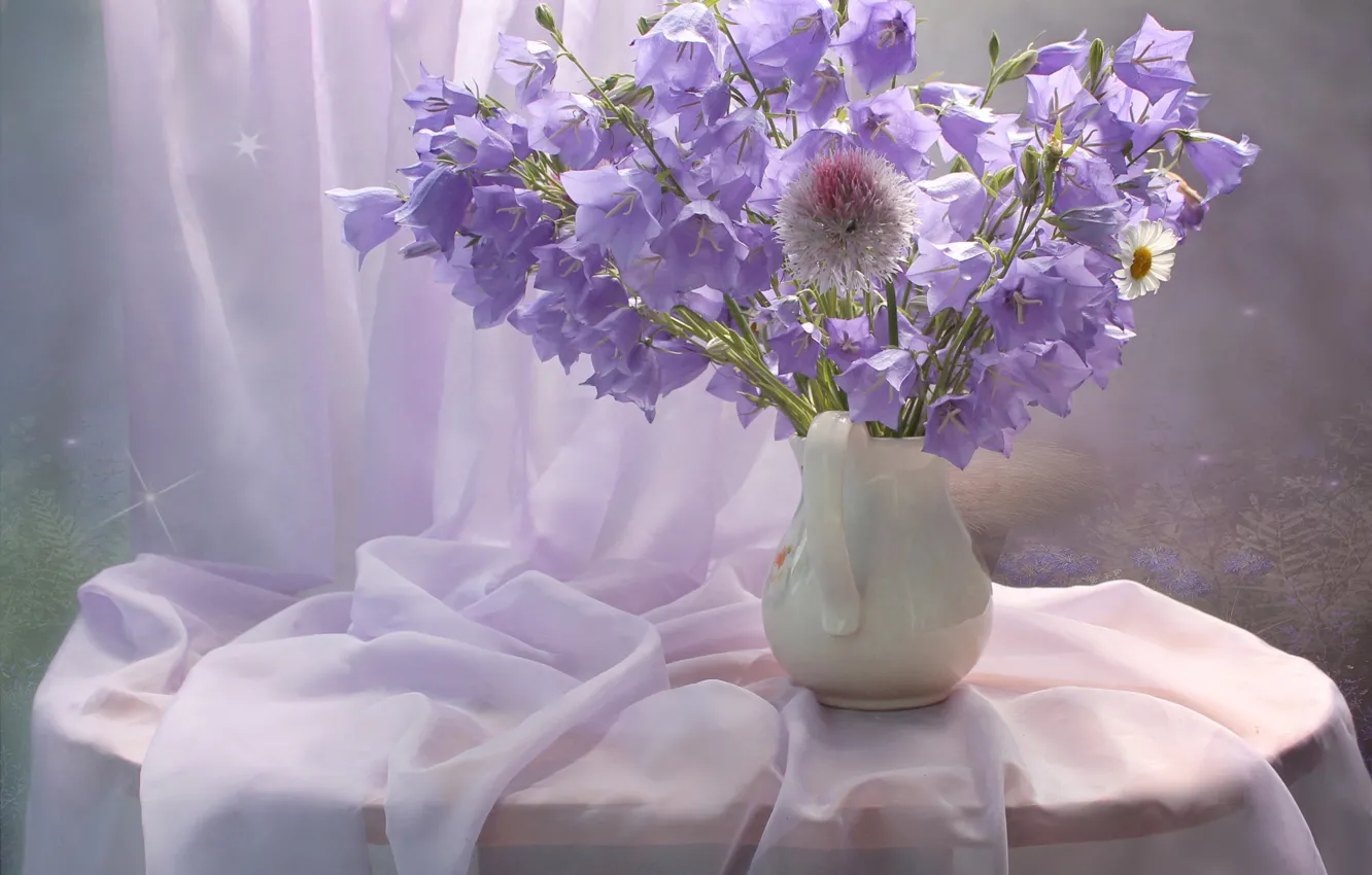 Photo wallpaper flowers, table, Daisy, purple, vase, bells, curtain, tulle