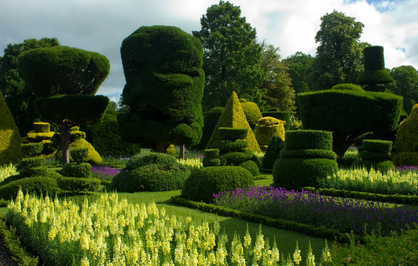 Photo wallpaper greens, trees, flowers, design, Park, lawn, UK, flowerbed