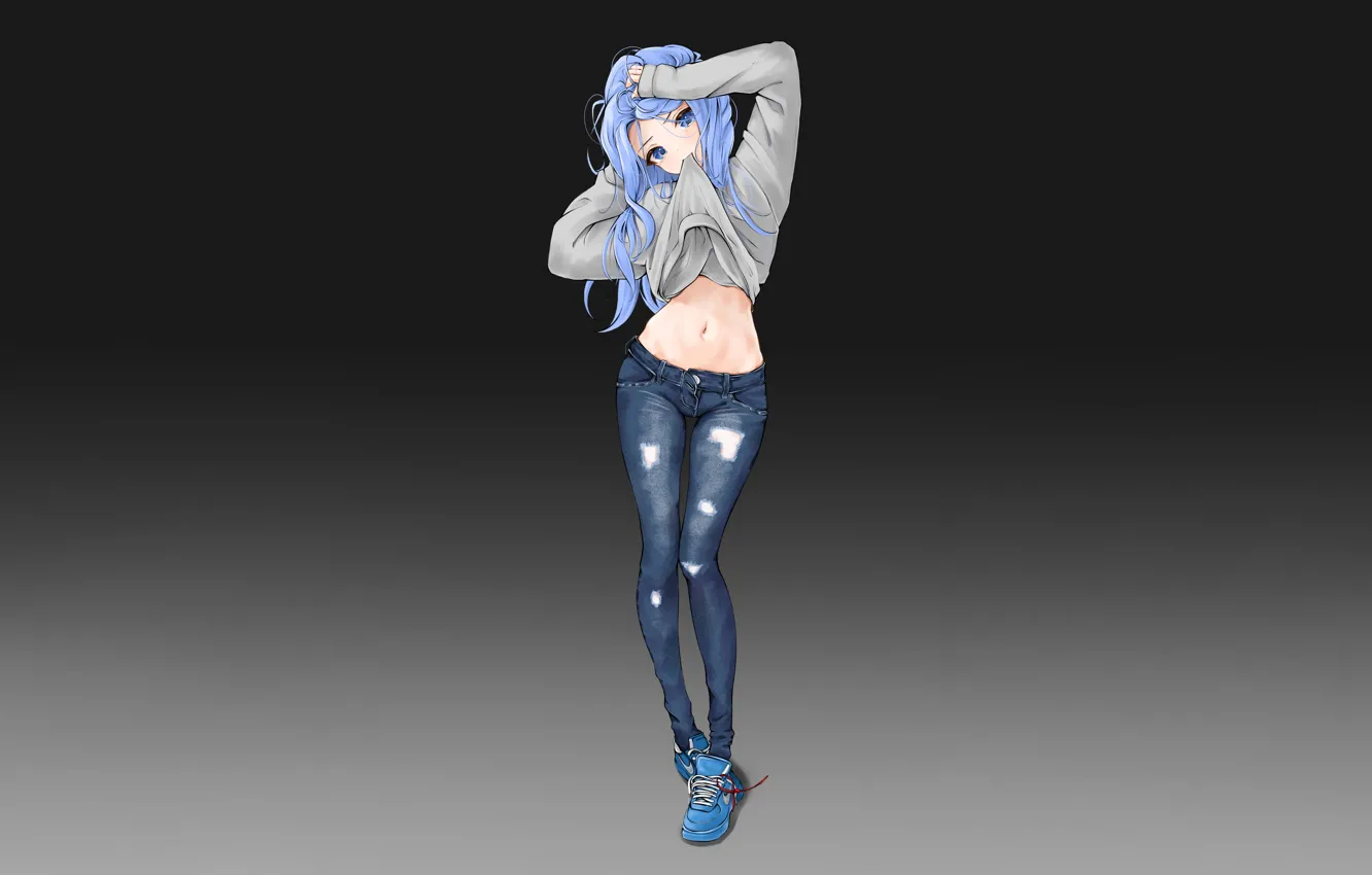 Photo wallpaper girl, sexy, long hair, anime, blue eyes, beautiful, pretty, jeans