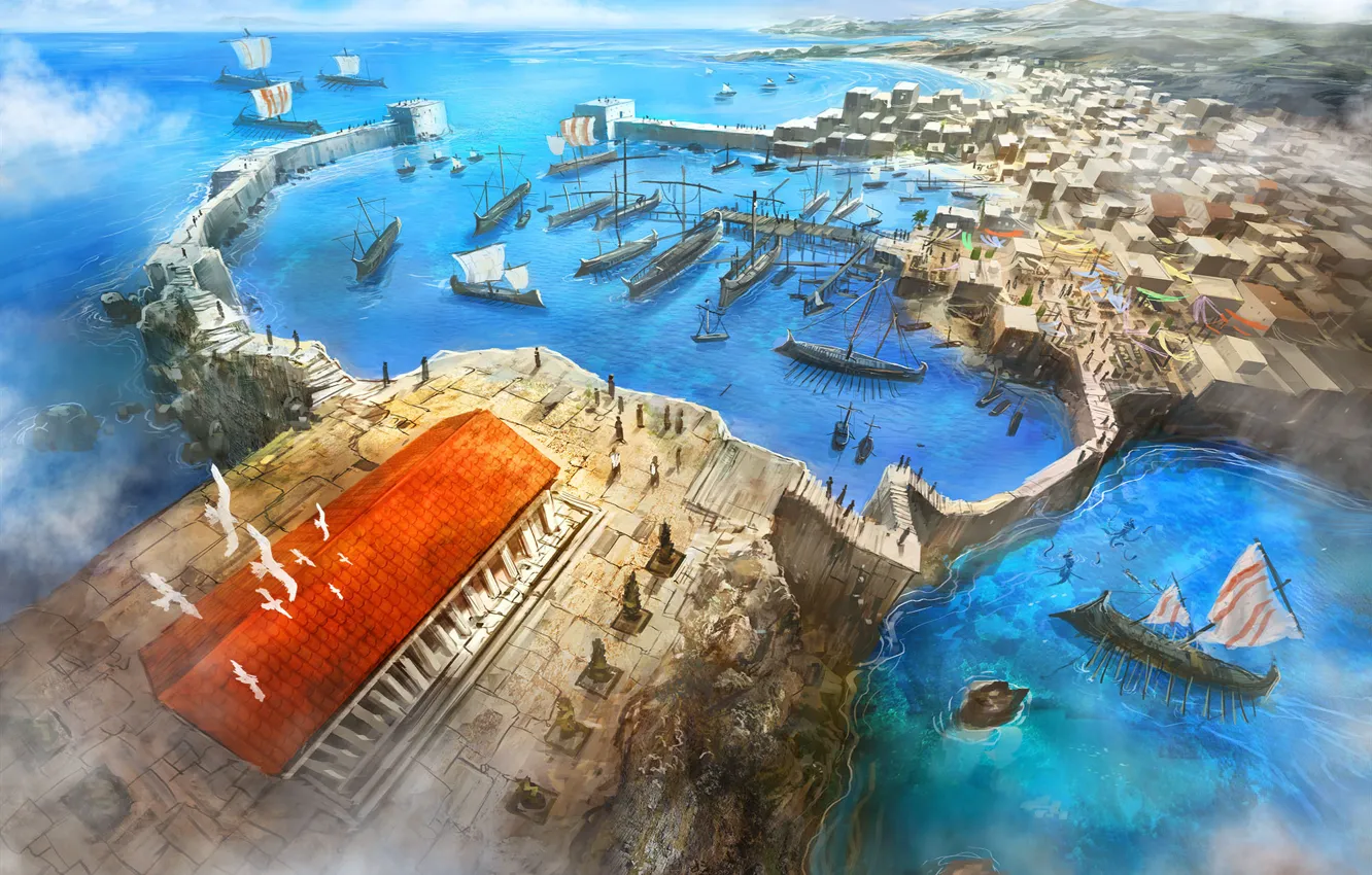 Photo wallpaper the city, people, ship, art, port, temple, the view from the top