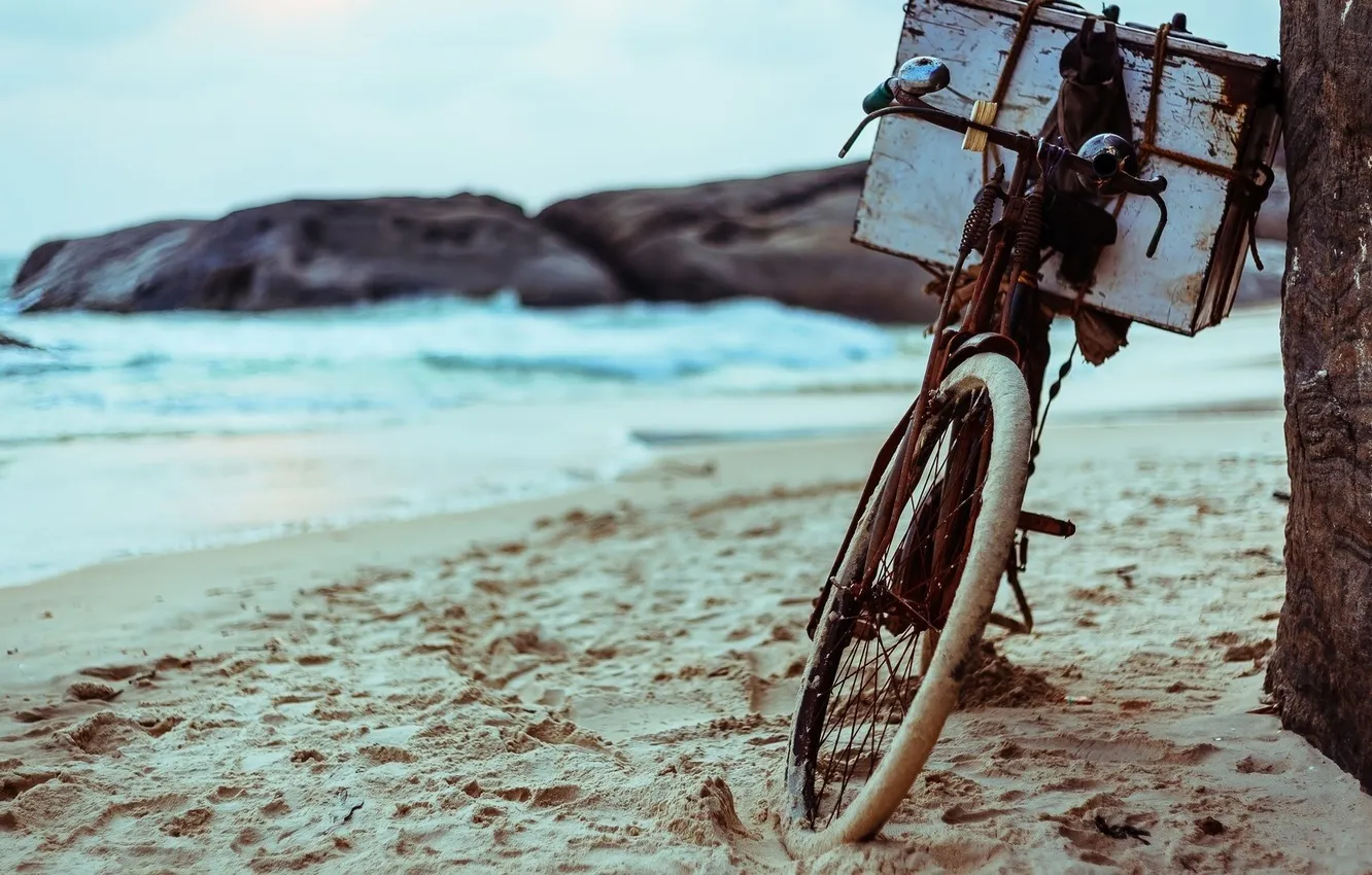 Photo wallpaper wallpaper, bicycle, beach, bike, sea, ocean, background, rocks