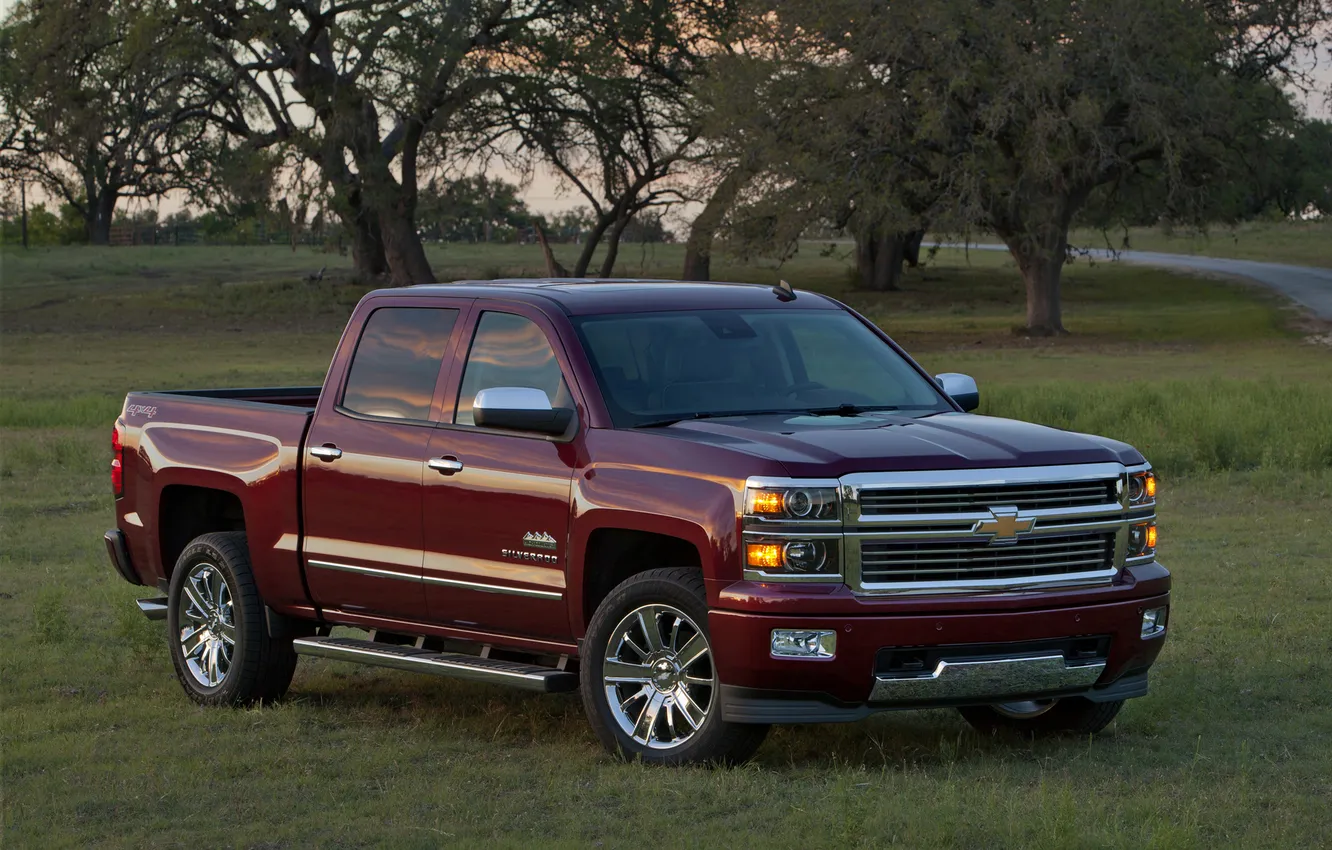 Photo wallpaper machine, trees, Chevrolet, Chevrolet, pickup, Crew Cab, Silverado, High Country