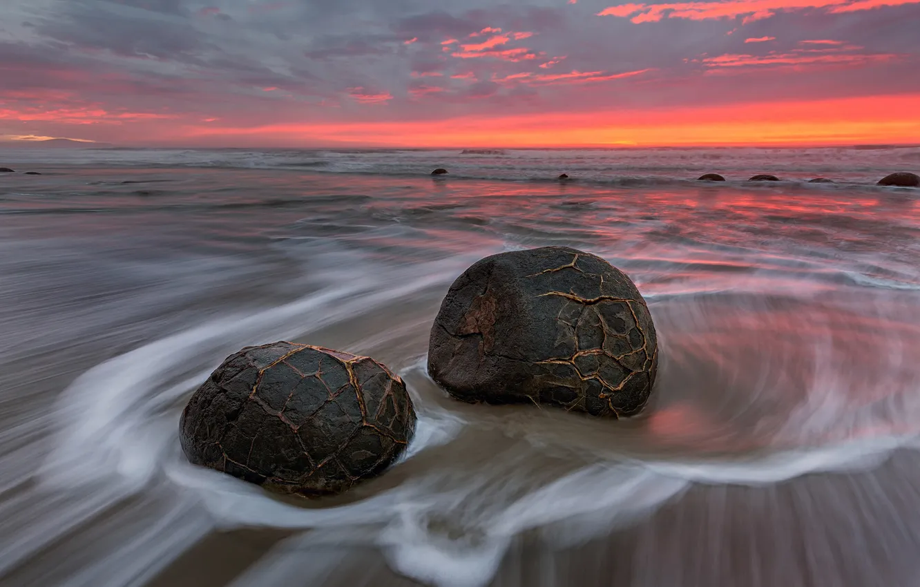 Photo wallpaper sea, beach, the sky, clouds, stones, morning, New Zealand