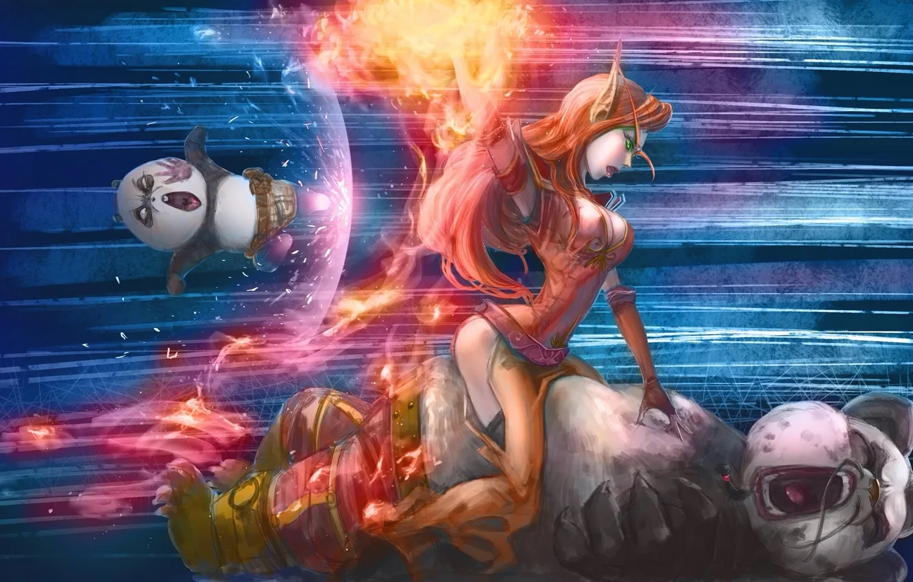 Photo wallpaper World of Warcraft, fight, Pandaren, the blood elf