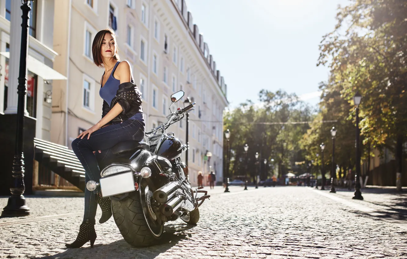 Photo wallpaper girl, motorcycle, leather, jacket, biker