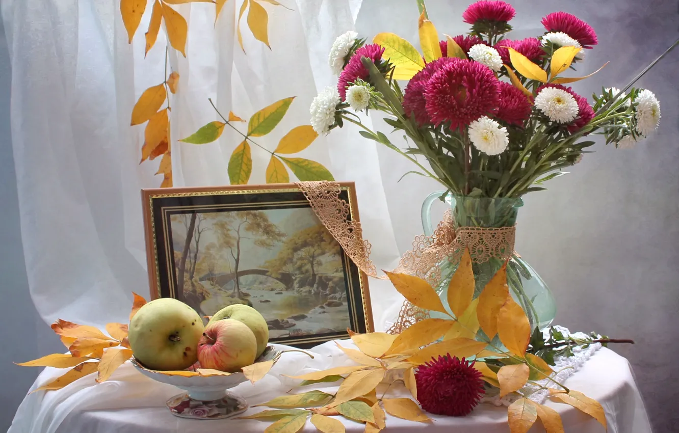 Photo wallpaper autumn, leaves, apples, bouquet, picture, still life, asters