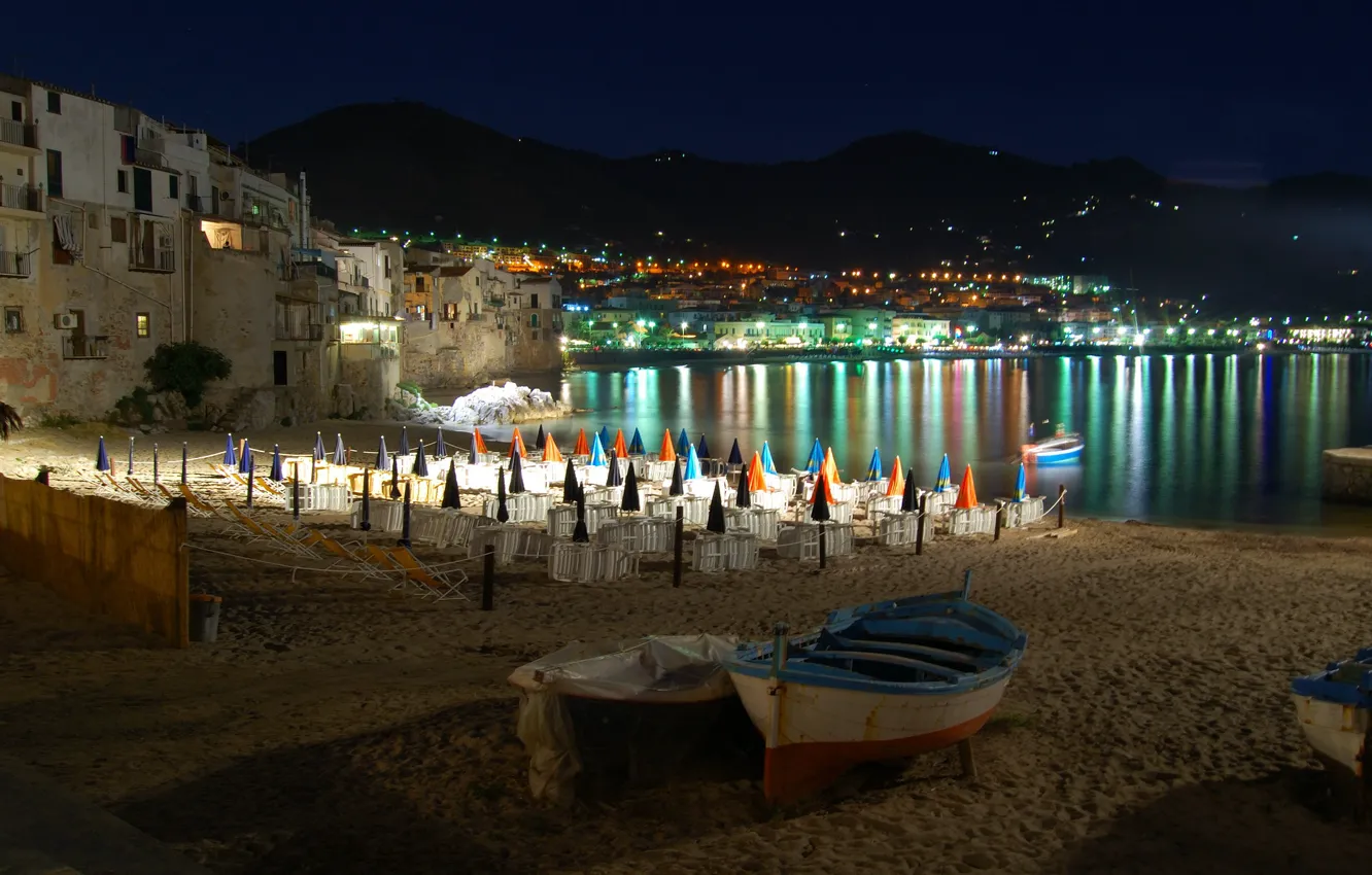 Photo wallpaper night, lights, Italy, Sicily, Cefalu