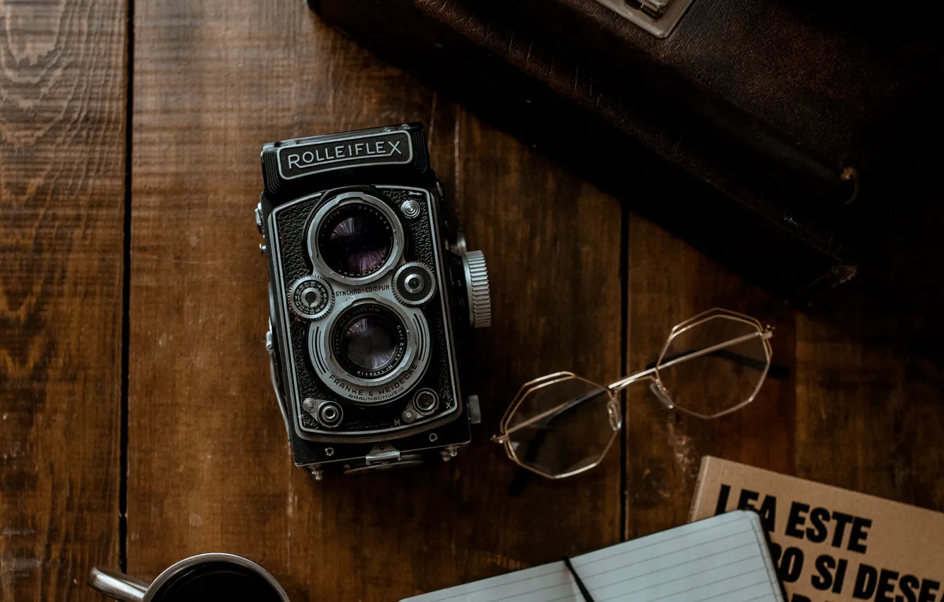 Photo wallpaper retro, glasses, the camera, Notepad, book