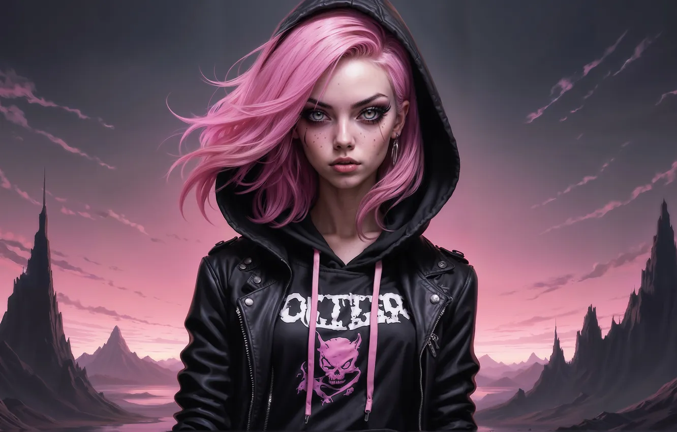 Photo wallpaper girl, pink hair, face, punk, AI Art