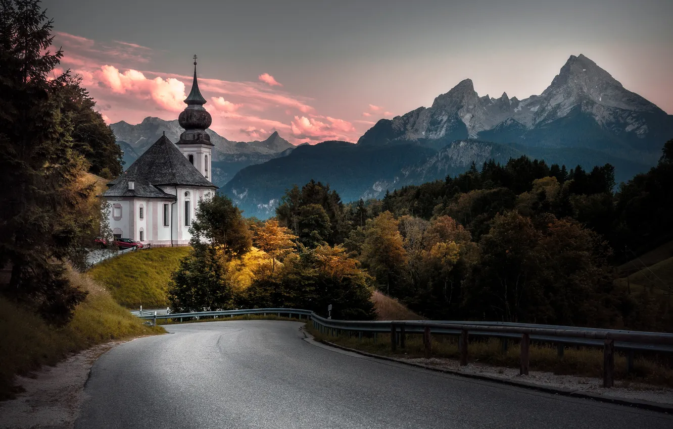 Photo wallpaper autumn, mountains, Alps, Church
