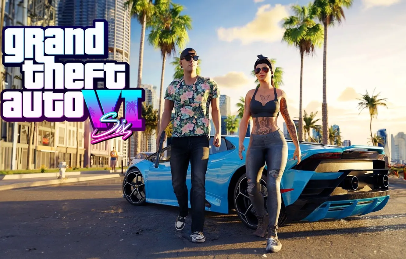 Photo wallpaper girl, the game, logo, logo, guy, sports car, characters, Grand Theft Auto