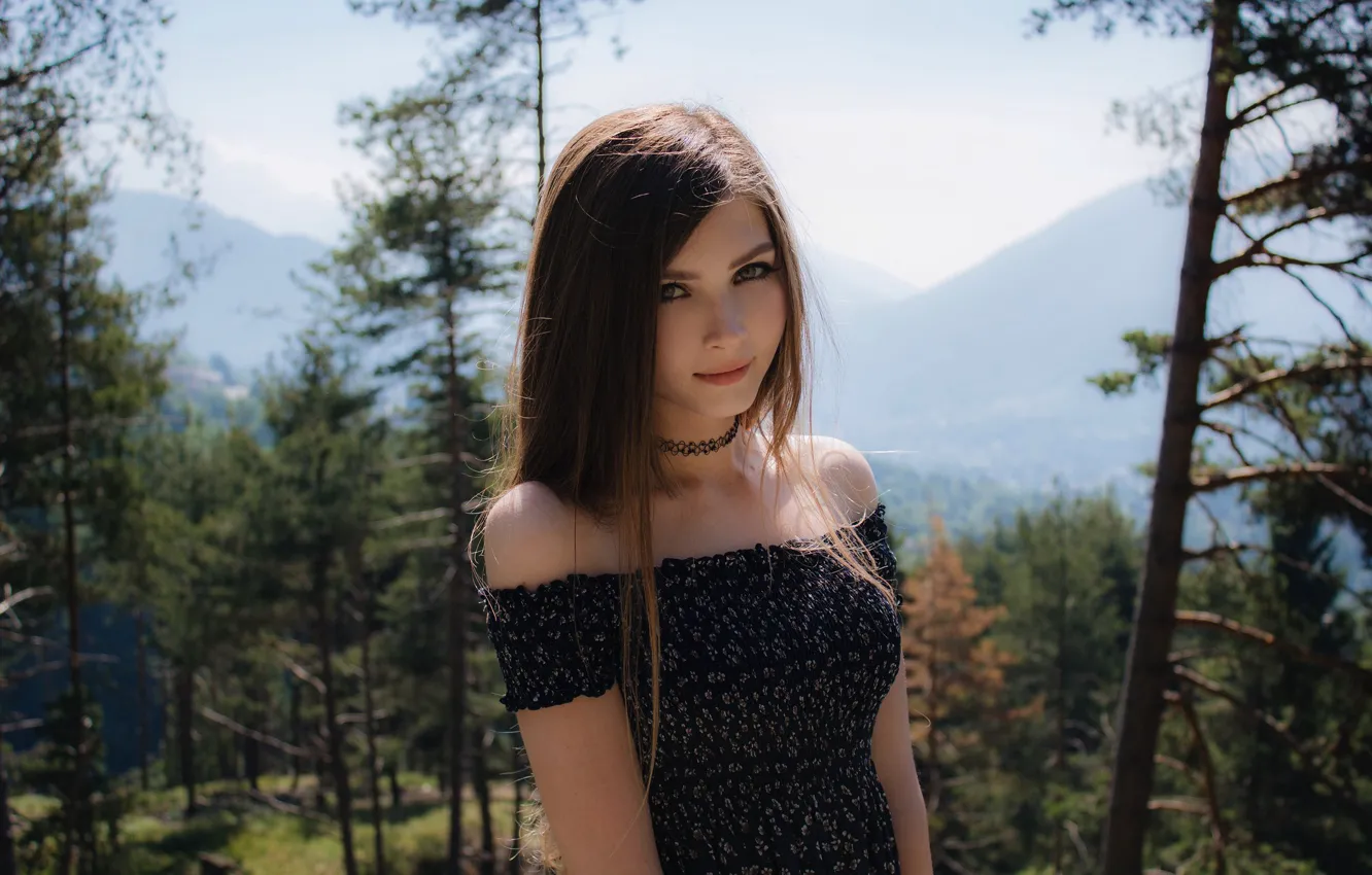 Photo wallpaper forest, look, girl, trees, nature, smile, sweetheart, beautiful