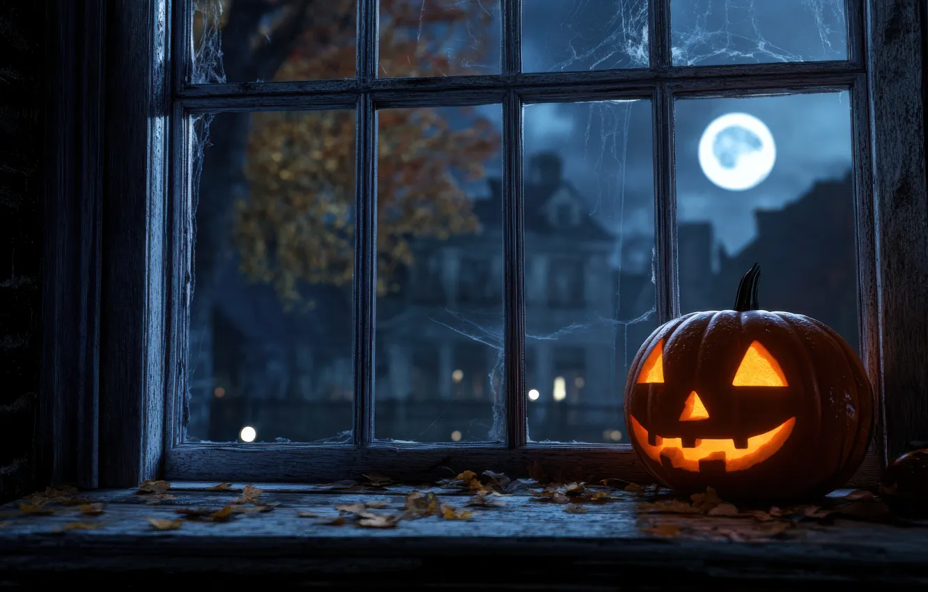 Photo wallpaper Night, The moon, Pumpkin, Window, Halloween, Halloween, Digital art, Creepy