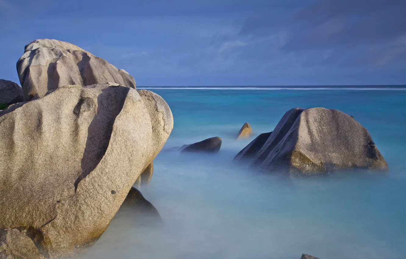 Photo wallpaper sea, landscape, stones, the ocean, horizon, Seychelles
