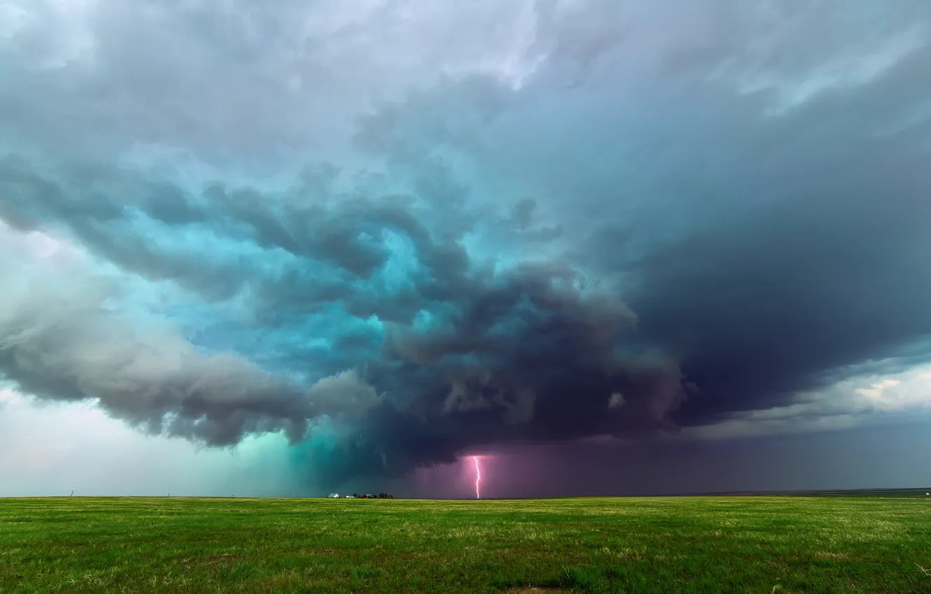 Photo wallpaper clouds, storm, lightning, field, Colorado, USA, farm, plain