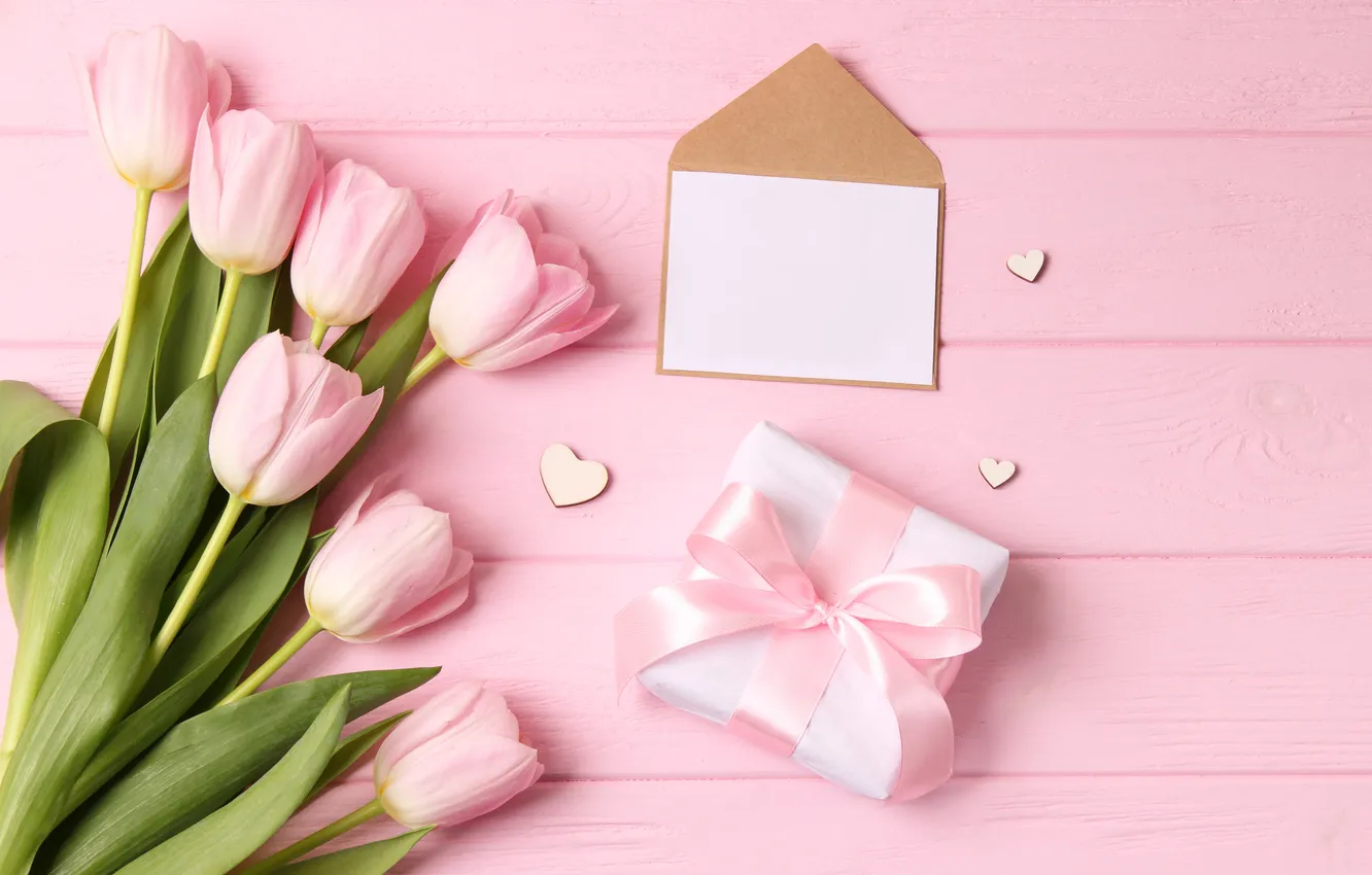 Photo wallpaper flowers, gift, bouquet, tulips, pink, wood, pink, flowers