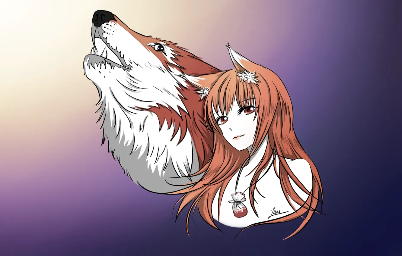 Photo wallpaper Girl, Figure, Background, Wolf, Anime, Purple, Red, Spice and wolf