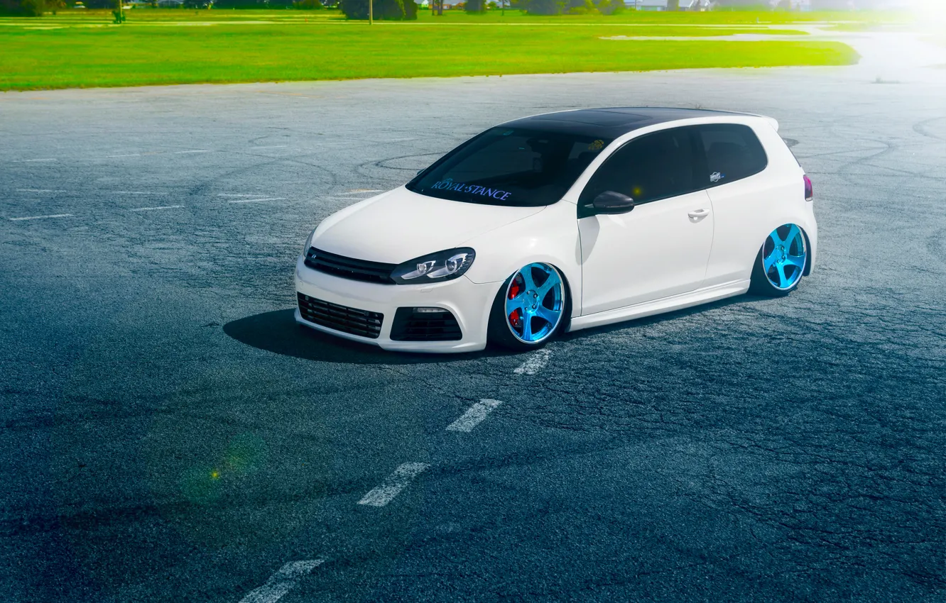 Photo wallpaper Volkswagen, Grass, Blue, Sun, Color, White, Golf, Stance