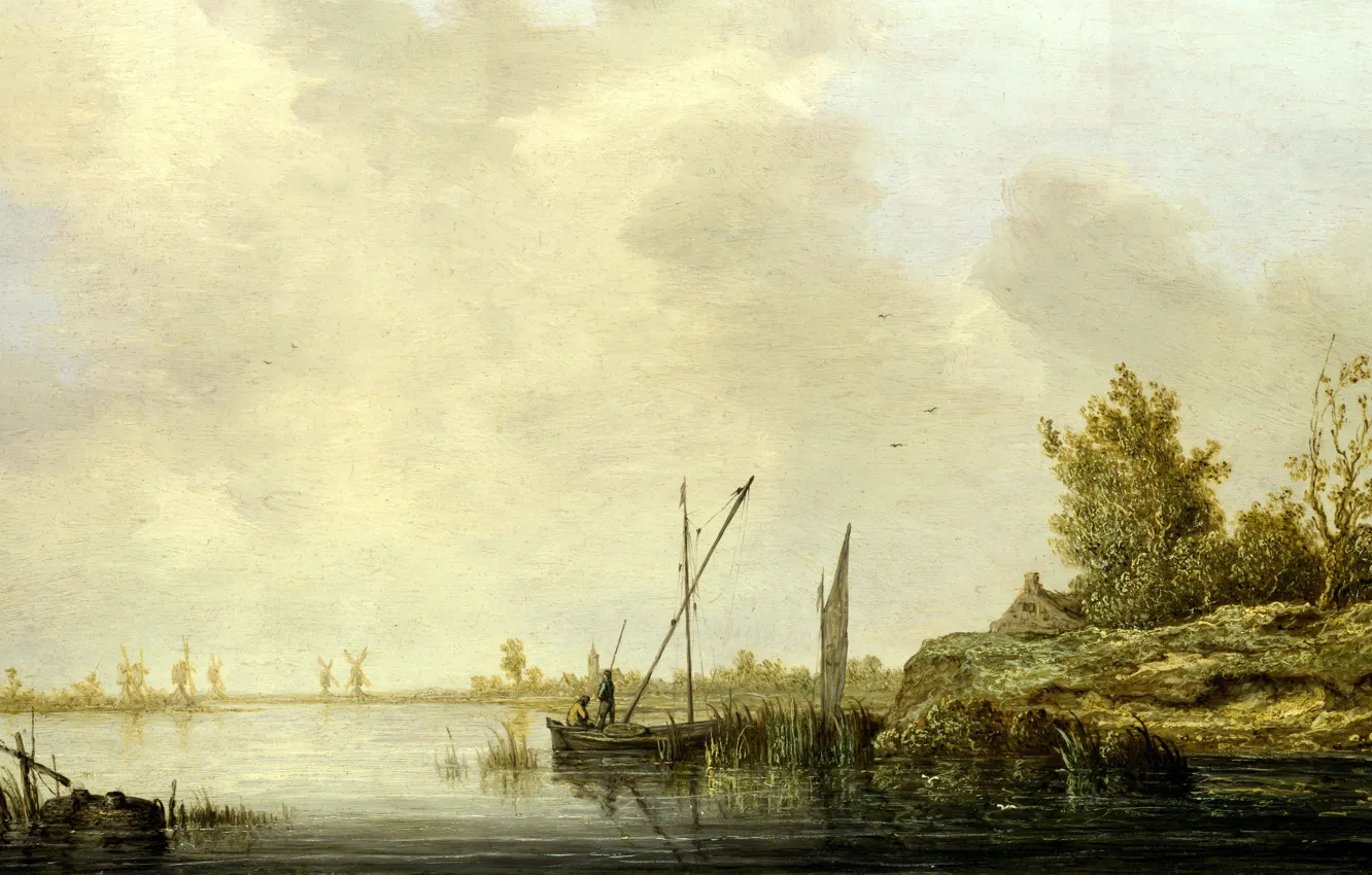 Photo wallpaper nature, boat, picture, The Albert Cuyp, Aelbert Jacobsz Cuyp, River Landscape with Windmills on the …