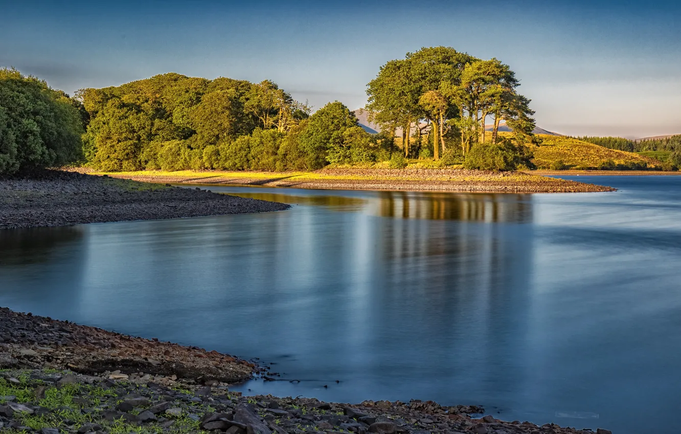 Photo wallpaper forest, the sun, trees, lake, stones, England, Killington Lake