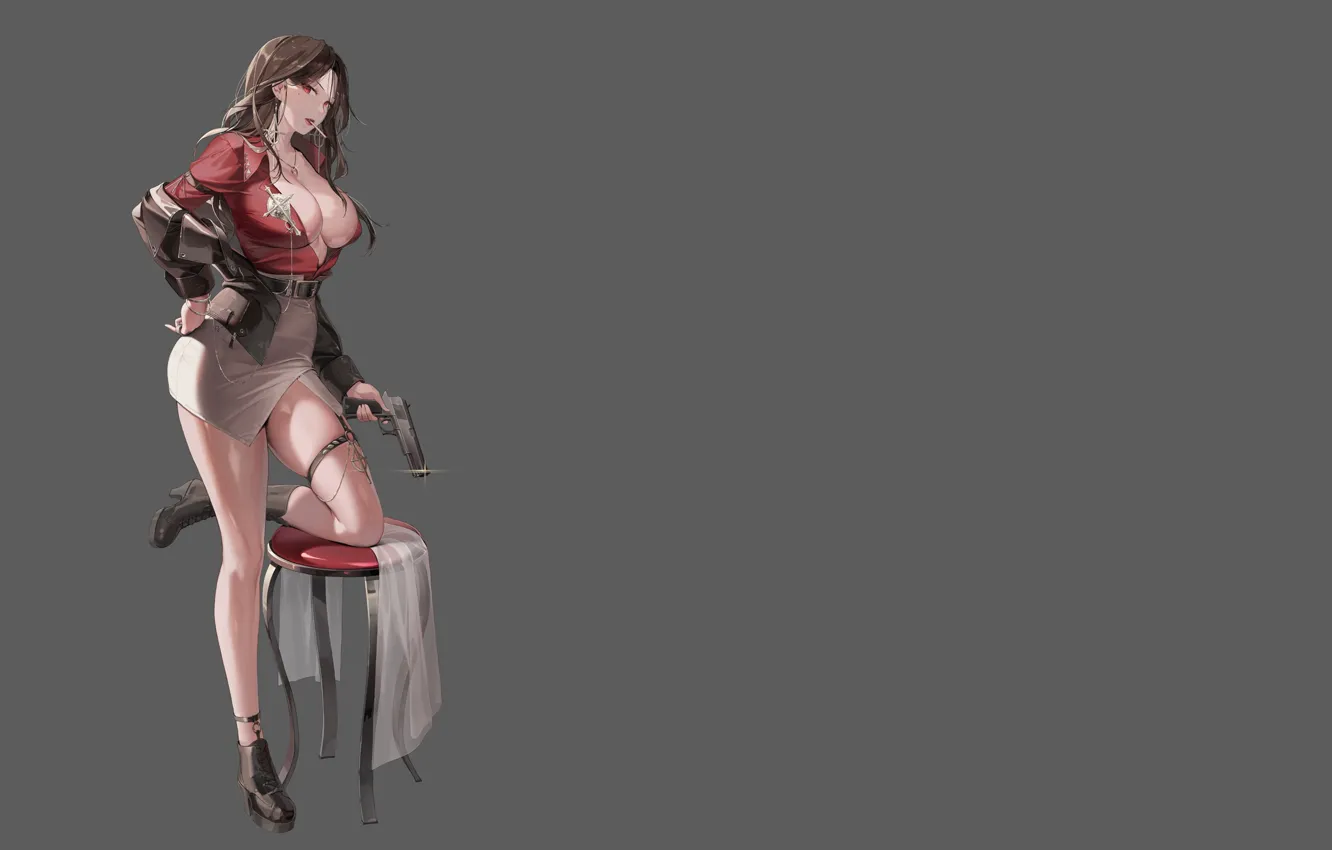 Photo wallpaper boobs, anime, thigh, anime girls, no bra, Big boobs, simple background, miniskirt