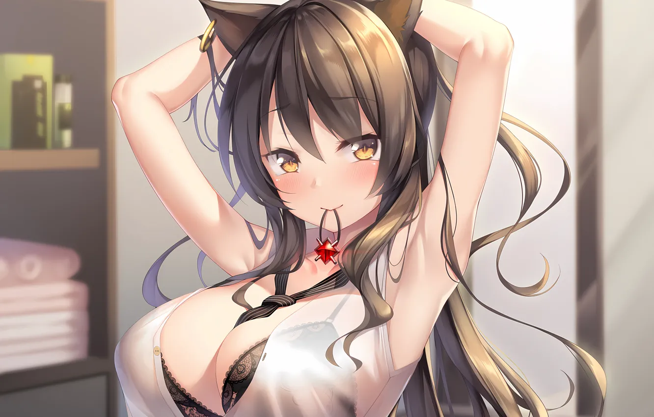 Photo wallpaper girl, sexy, lingerie, bra, cleavage, long hair, brown hair, boobs