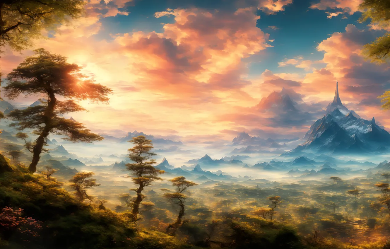 Photo wallpaper tower, landscape, art, digital art, fantasy art, Dale, Mount, mounts