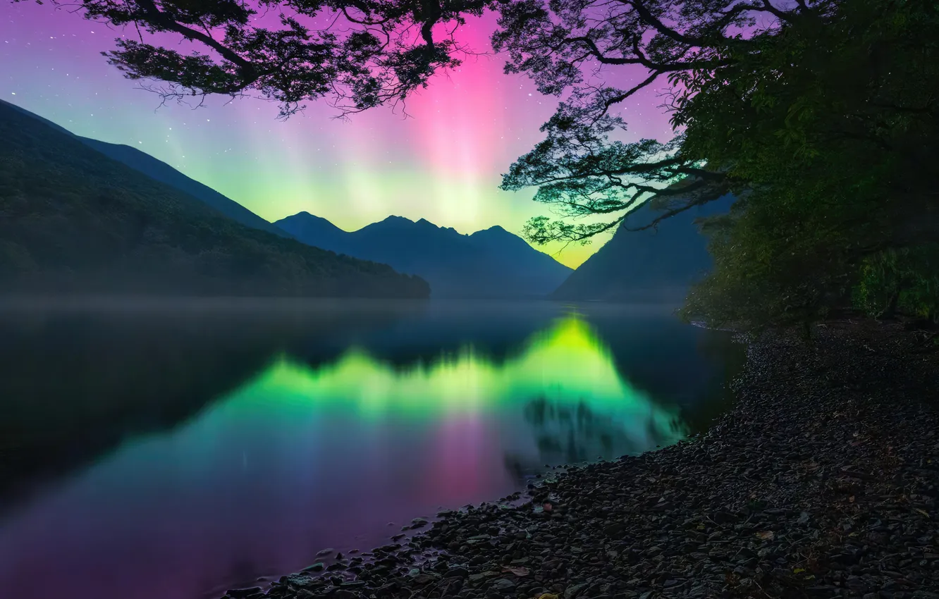 Photo wallpaper lights, Aurora, New Zealand, Fiordland