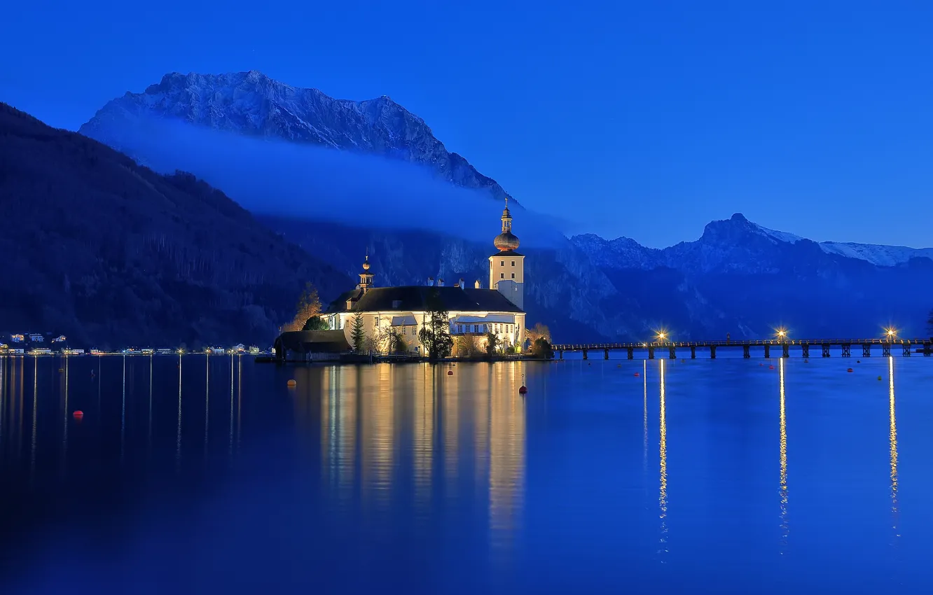 Photo wallpaper the sky, mountains, night, blue, nature, the city, Austria, Alps