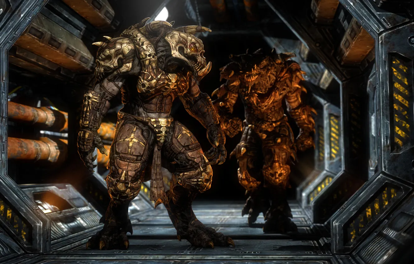 Photo wallpaper monster, corridor, fangs, armor, Unreal Tournament 3, Krall