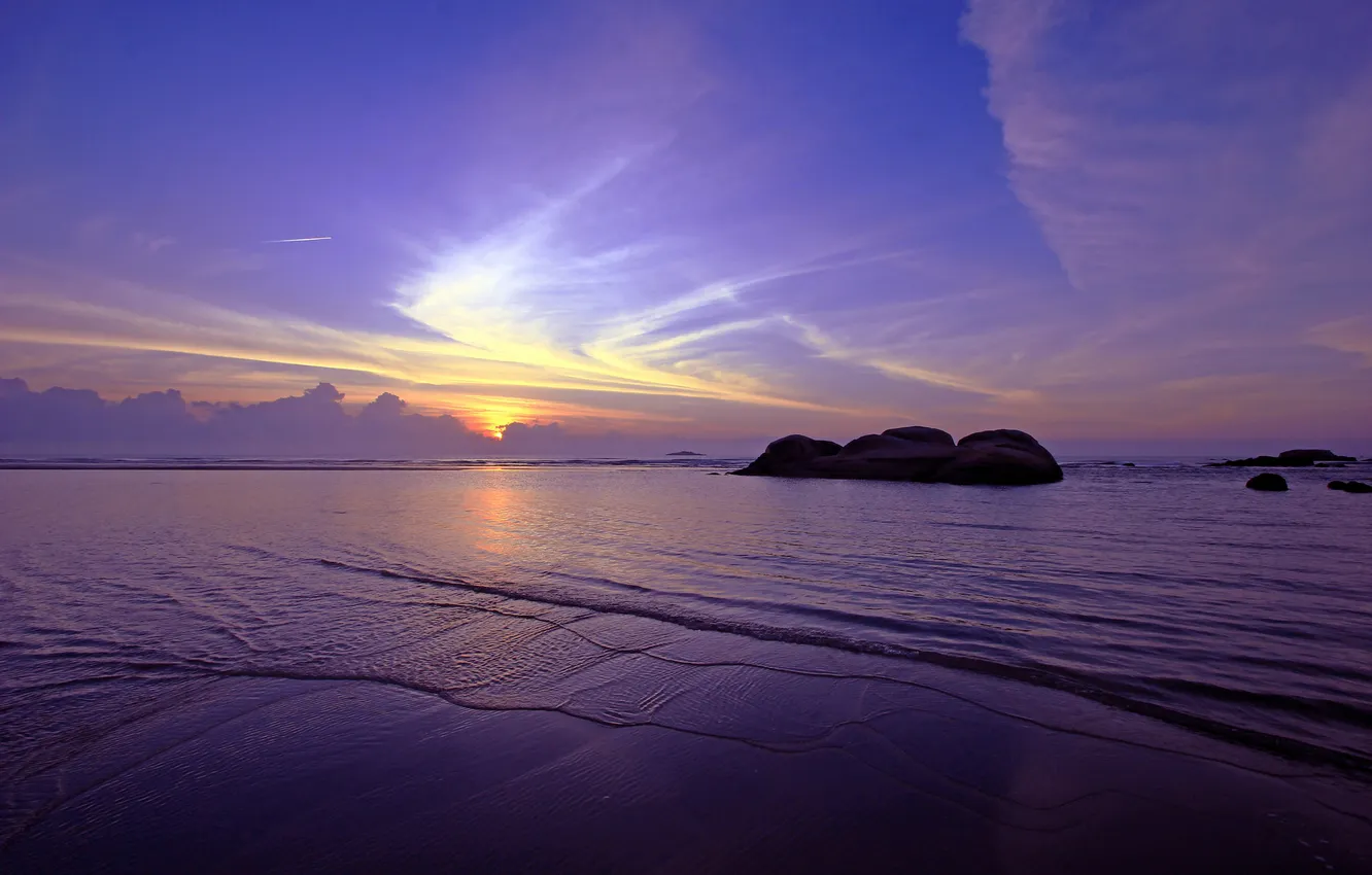Photo wallpaper sea, the sky, clouds, stones, shore, the evening, tide
